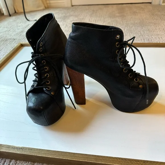 Jeffrey Campbell Black Leather Lace-Up Platform Ankle Boots with Wood Block Heel - Picture 11 of 12